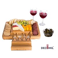 DECOMIL - Bamboo Cheese Board with Knife Set - Rectangle Wooden Server has Extra Serving on Edges for Crackers - Accessories Drawer Holds Small Cutting Knives and Spreader Tools with Wood Handle