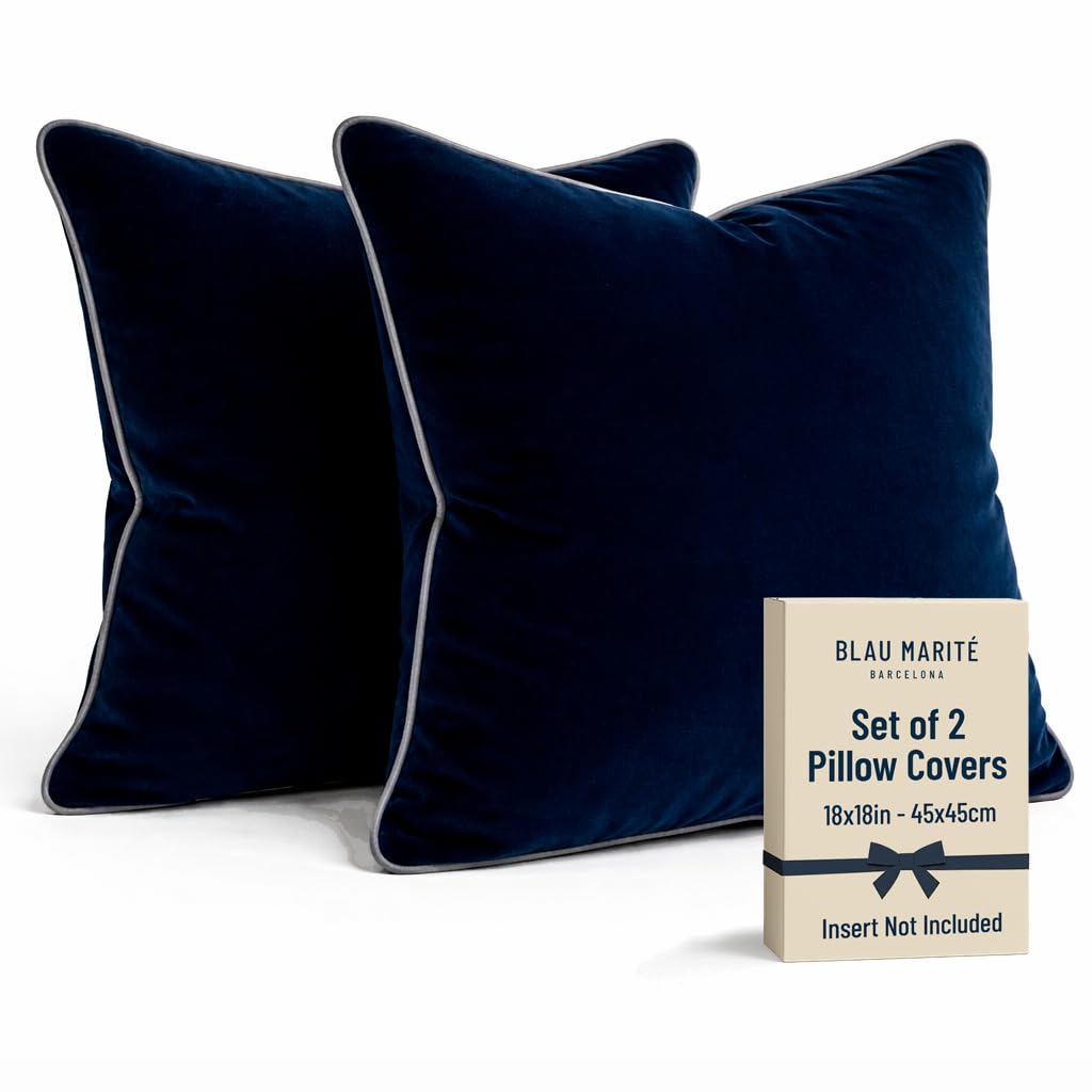 Blau Marité Set of 2 Velvet Throw Pillow Covers with Contrast Piping, Soft Decorative Cushion Covers, Navy Blue and Grey, 18"x18" (45x45 cm). — image 1