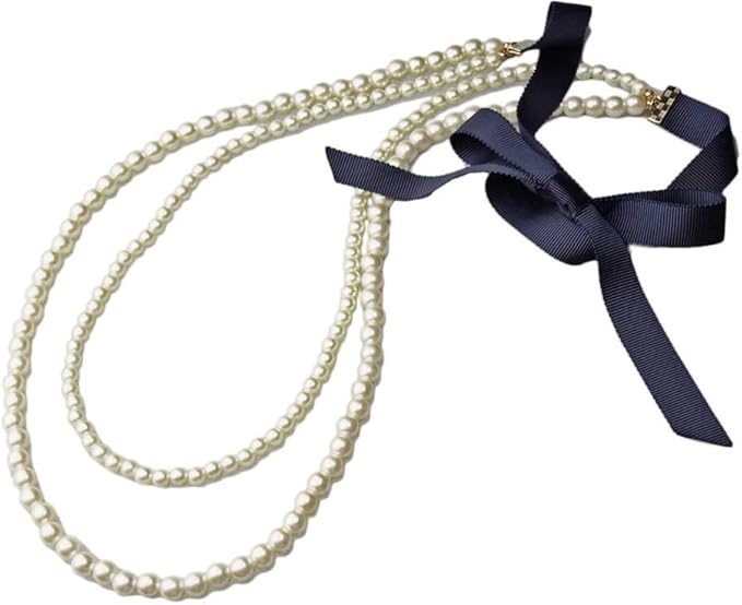 Amazon パールネックレス 2連 グログランリボン ネイビー ネックレス 通販