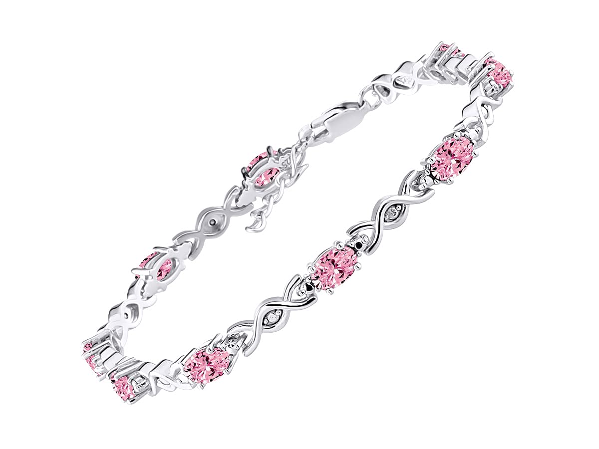 Rylos Bracelets for Women 925 Sterling Silver XOXO Hugs & Kisses Tennis Bracelet Gemstone & Genuine Diamonds Adjustable to Fit 7"-8" Wrist, 10-6X4MM Pink Ice Jewelry for Women Friendship