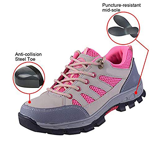 SUADEX Steel Toe Shoes Men Women, Indestructible Work Shoes Breathable Industrial Construction Non Slip Puncture Proof Composite Safety Toe Shoes 825-Pink Size 7.5 Women/6 Men