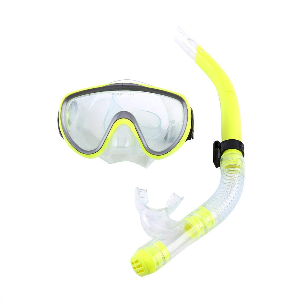 Adult Diving Mask and Snorkel, Tempered Glass Mask Adjustable Swimming Goggles Silicone Snorkel Semi-Dry Snorkeling Set for Adults Kids Boys Girls(Yellow)