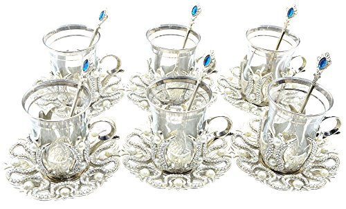 Set of 6 turkish style tea glasses with brass holder sa…