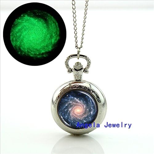 Pretty Lee Fashion Glow in The Dark Spiral Galaxy Pocket Watch Necklace Spiral Galaxy Glass Locket Necklace