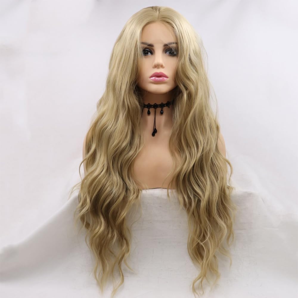 Xiweiya Synthetic Blonde Lace Front Wigs Long Loose Wavy Hair Heat Resistant Fiber Long Soft Hair Middle Part Blonde Wigs