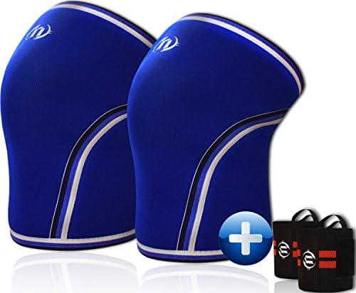 Premium Knee Sleeves (Pair) 7mm Neoprene - Compression &amp; Support for Weightlifting, Powerlifting, Squats etc. 1 Year Warranty - BONUS: Heavy Duty Wrist Wraps (Set of 2) (Blue, Medium)
