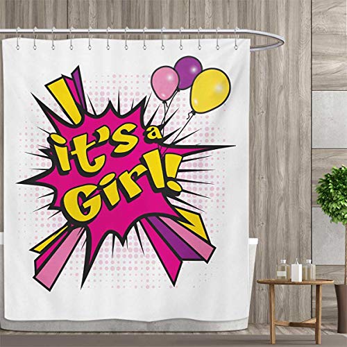smallfly Gender Reveal Patterned Shower Curtain Pop Art Style Its A Girl Quote Comic Strip with Balloons Print Shower Curtain Collection by 54"x84" Pink Purple and Yellow