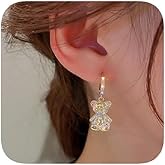 Iridescent Crystal Bear Drop Earrings, Gold-Plated Huggie Hoops with Rhinestones, Rainbow Effect