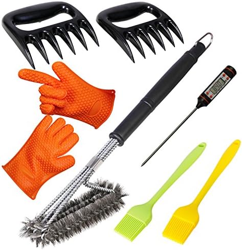 Leederson All-in-one BBQ and Grill Accessories That Will Make Your Grilling Better – Grill Brush, Sillicone Basting Brush, Meat Thermometer, Gill Gloves, Meat Claws [7-Pack]