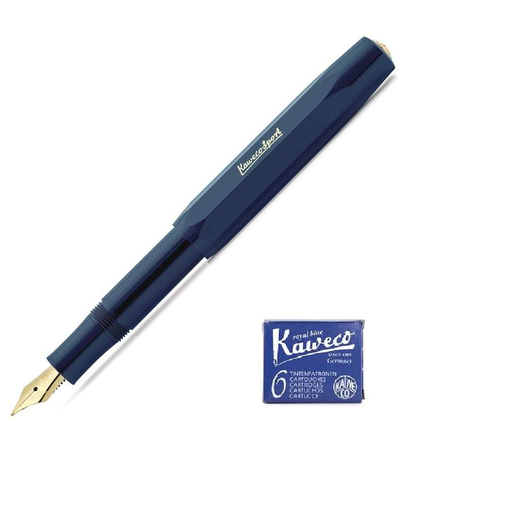 Kaweco Classic Sport Fountain Pen (Fine Nib) + Pack of 6 Blue Ink Cartridges (Navy)