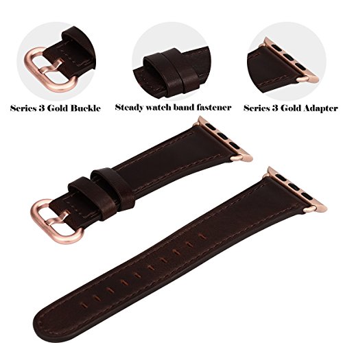 Apple Watch Band 38mm, JFdragon Dark Brown Oil-wax Vintage leather Replacement Iwatch Wrist Strap with Series 3 Metal Clasp for Apple Watch Series 3 Gold Aluminum - Thumbnail 4