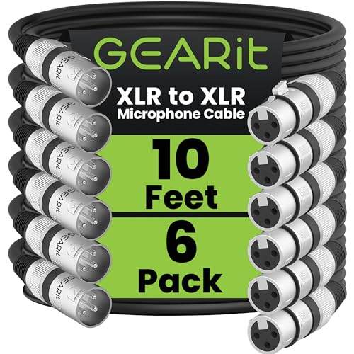 GearIT XLR Microphone Cable (10 Feet, 6-Pack) Male to Female 3-Pin Balanced Shielded Cable for Mic Mixer, Recording Studio, Podcast - Black, 10ft — image 1
