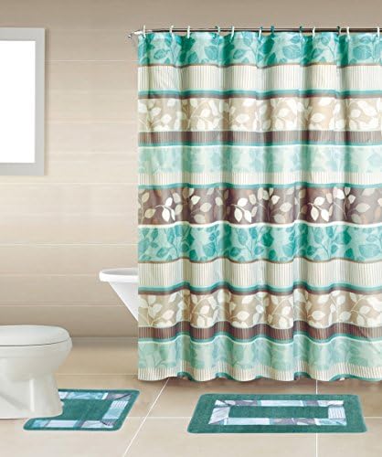 Turquoise Floral Multi 15 Pcs Modern Shower Curtain with Hooks Bathroom Rug Set