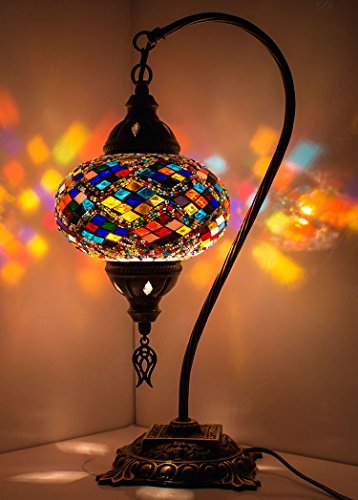 DEMMEX 2019 Turkish Moroccan Mosaic Table Lamp with US Plug & Socket, Swan Neck Handmade Desk Bedside Table Night Lamp, Decorative Tiffany Lamp Light