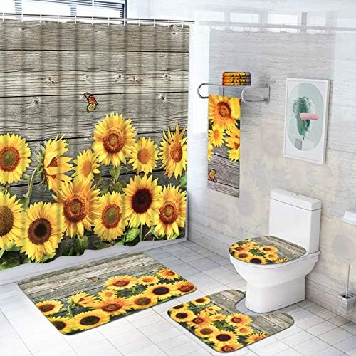 7 Piece Sunflower Shower Curtain Sets with Rugs and Towels, Include NonSlip Rug, Toilet Lid