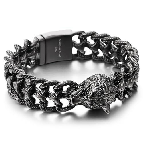 Men's Stainless Steel Wolf Head Bracelet, Texture Scale Chain Link Chain Barbada, Vintage Nordic Viking