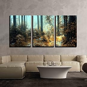 3 Piece Canvas Wall Art - A Breathtaking View as The Sun Shines Through The Forest on a Misty Day. - Modern Home Art Stretched and Framed Ready to Hang - 16"x24"x3 Panels