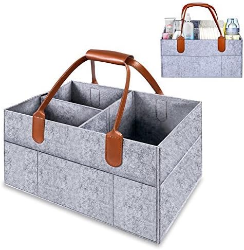 MANLEHOM Baby Diaper Caddy Organizer, Removable Dividers Nursery Storage Bin, Felt Collapsible Portable Basket Bag with PU Leather Handle, Good for Closet Bedroom Bathroom Car Travel in Grey