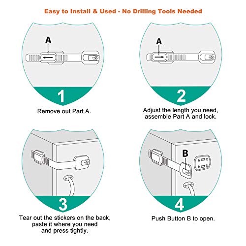 Kitchen Cabinet Locks Child Safety - OKEFAN 20 Pcs Baby Proof Kit Drawer Straps for Kids Bathroom Cupboard Oven Refrigerator Microwave Toilet Latches (White) - Thumbnail 2