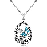 Jewlikee Turquoise Dragonfly Necklace Gifts for Women Sterling Silver Dragonfly Lotus Necklace Turquoise Filigree Lotus Flower Pendant Jewelry Boho Vintage Gifts