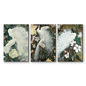 3 Panel Canvas Wall Art - White Peacocks Floral Canvas Art Set - Giclee Print Gallery Wrap Modern Home Art Ready to Hang - 16"x24" x 3 Panels