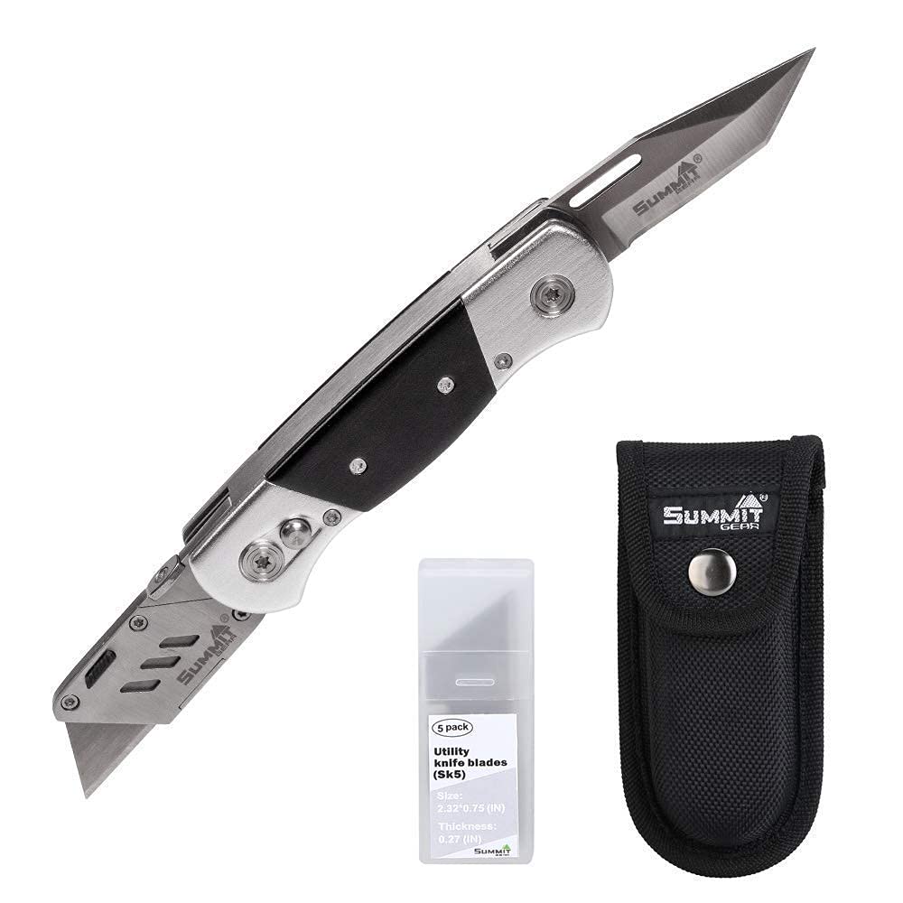 Photo 1 of Heavy Duty Folding Utility Knife Dual Blades/Box Cutter with Nylon Pouch + 5 SK5 Blades (Professional Grade)