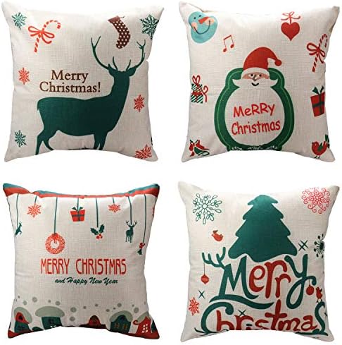 WEYON Merry Christmas Throw Pillow Covers 4 Pack Santa Trees/Gifts/Christmas Deer Throw Pillow Cases for Couch Sofa 18 x 18 Inch, Cotton Linen