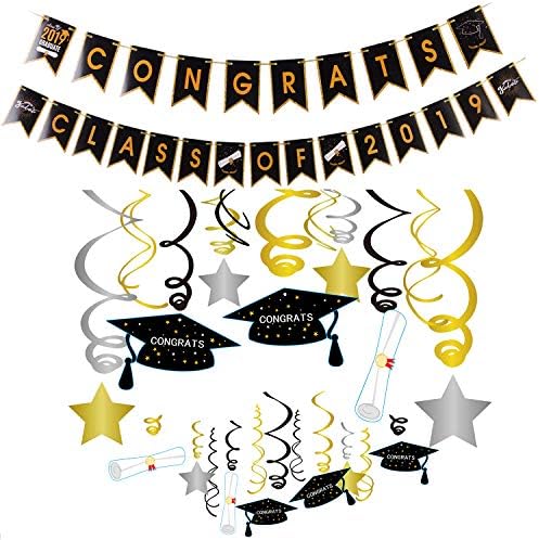 Sayala 32Ct Graduation Party Supplies Kit,Class of 2019 and Hanging Swirls Kit, Graduation Party Supplies 2019, Graduation Banner, Black and Gold High School, Prom, College 2019 Graduation Decorations