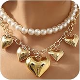 Chunky Gold Heart Necklaces for Women Statement Beaded Pearl Choker Love Hearts Pendant Necklaces Trendy Y2k Layered Chain Party Jewelry Gifts Accessories