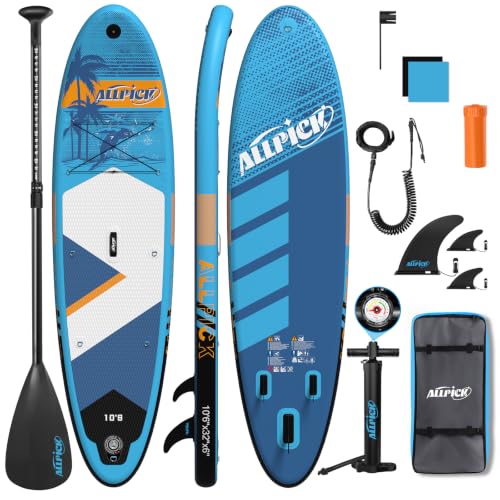 ALLPICK Premium SUP Board Set, Stand Up Paddling Board Aufblasbar, Mit Universal Kamerahalterung, Komplettes Zubehör, Verstellbares Paddel, Anfänger,