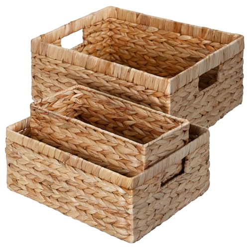 Ollieroo Natural Water Hyacinth Storage Baskets, Handwoven Wicker Storage Bins with Built-in Handles, Storage Container Baskets for Shelves, Bedroom, Bathroom, Laundry Room or Kitchen(Set of 3)