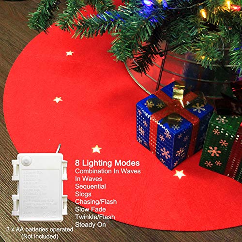 Juegoal Reversible Christmas Tree Stand Mat with 10 LED Star Lights Battery Operated, 8 Lighting Modes Christmas Tree Floor Protector, 40 Inches Light Up Xmas Tree Pad Holiday Party Decorations, Red