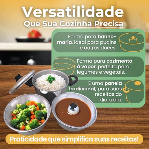 Panela 3 em 1 Multifuncional, Alumínio Polido, Conjunto com Panela Principal, Forma para Banho-Maria e Cesto Vapor, 2,5 Litros
