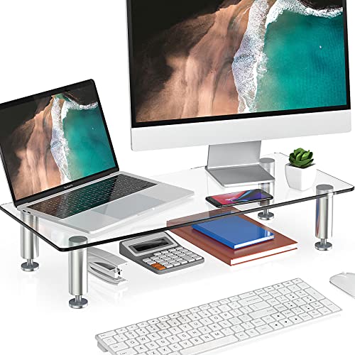 FITUEYES Monitorständer aus Glas, 56 cm Bildschirmerhöhung, Großer Laptopständer, Multifunktionaler Schreibtisch-Organizer mit Höhenverstellbarem Bein