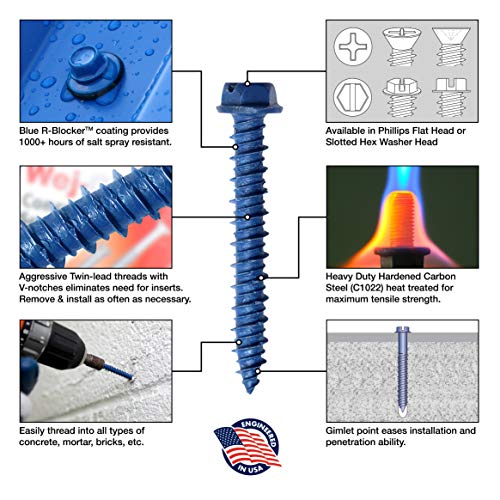 Wej-It Wej-Con Concrete Screws 100 Pack - Drill Bit Included - Carbon Steel Corrosion Resistant for Indoor Outdoor Home/Office Improvement (Hex Washer Head with Slotted Drive, 1/4 x 1-3/4) - Thumbnail 2