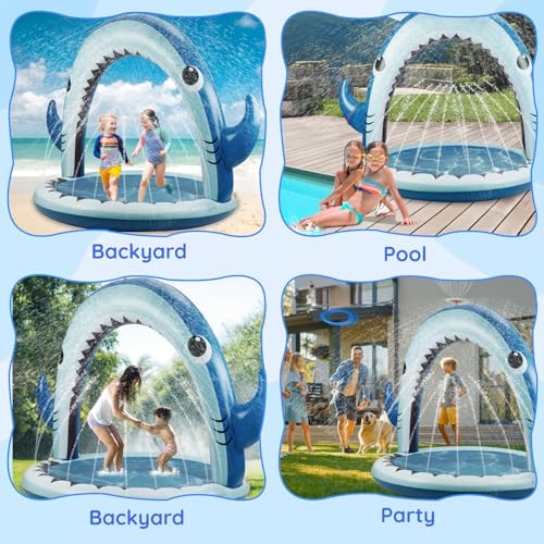 Gleamkid Splash Pad,4-In-1 Inflatable Shark Water Toys for Boys Girls,Summer Outdoor Game with 4 Rings Toss Toy, Garden Toys Sprinkler for Kids,Backyard Water Sprinkler Spray Outdoor Toys