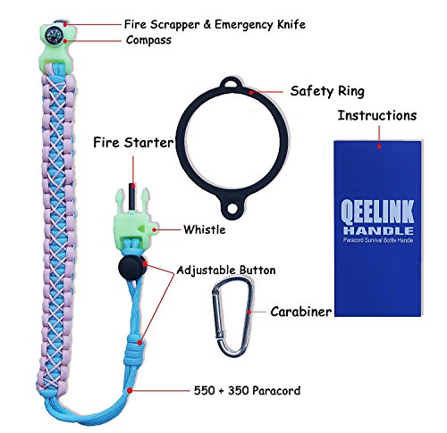 QeeLink Paracord Handle - Paracord Carrier Strap Cord with Safety Ring & Carabiner & Compass & Fire Starter & Whistle for Hydro Flask Nalgene CamelBak Wide Mouth Water Bottles