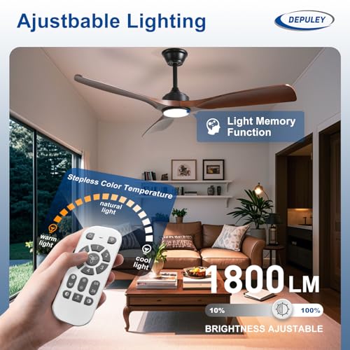 Depuley Ceiling Fan with Modern Light: 52 Inch Outdoor Fan with APP Remote for Patio - Walnut 3 Blade Fan Indoor