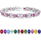 Iefil Tennis Bracelets for Women, Oval Birthstone Tennis Bracelets for Women Wife Unique X O Design Fine Jewelry Anniversary Birthday Gift 925 Sterling Silver Birthstone Jewelry for Mom Girlfriend