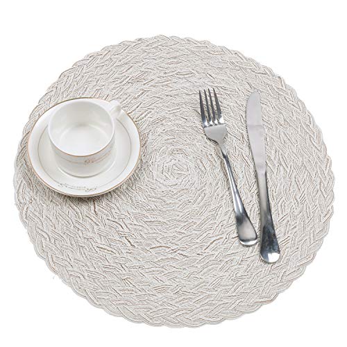 Topotdor Round 15 Inch Cotton Braided Placemats Heat-Resistant Stain Resistant Anti-Skid Washable Polyproplene Table Mats(Cream-White, Set of 6)