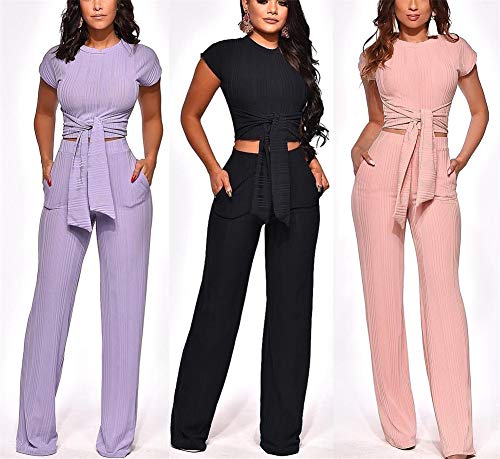 Women Solid O-Neck Short Sleeve Crop Tops High Waist Flare Long Pants Jumpers 2 Piece Outfits - Thumbnail 2