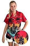 Funky Hawaiian Blouse Women Short-Sleeve Front-Pocket Beach Palm Red