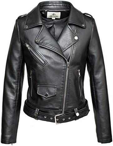 LLF Women's Faux Leather Moto Biker Short Jacket With Belt Small Black