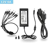 EWETON Power Adapter 12V 6A 72W 3-Pin Plug 100V-240V AC to DC 2.1x5.5mm w/ 8-Way Power Splitter Cable & DC Power Jack Connector Power Supply Transformer for CCTV Security Camera DVR