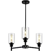 9MMML Farmhouse 3-Light Glass Chandelier, Modern Black Chandelier for Kitchen, Dining Room, Living Room, Foyer, E26 Bulb Base