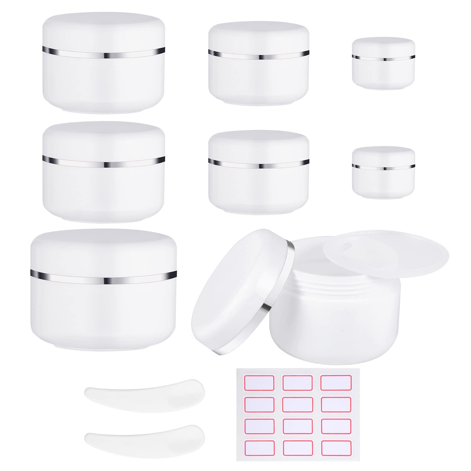 8 Pcs Cosmetic Sample Jars, Including 10ml/30ml/50ml/100ml Travel Pots for Toiletries with Spatulas Tool and Labels for Creams Make-up Sample Glitter Nail Art Storage