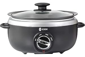 ICOOK USC-65-OP001BK 6.5 Quart Slow Cooker,Aluminium Sear/Sauté Stew Pot Stovetop safe,Dishwasher Safe,Glass Lid,Adjustable Temp,Food Warmer(Black)