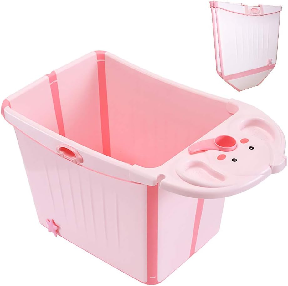 Collapsible Bathing Tub, FOME Vertical Large Space Folding Baby Bath Tub Foldable Shower Basin Collapsible Baby Bathtub Baby Shower Basin with Detachable Bath Stool For Infants Kids Aged 0-6 Years Old