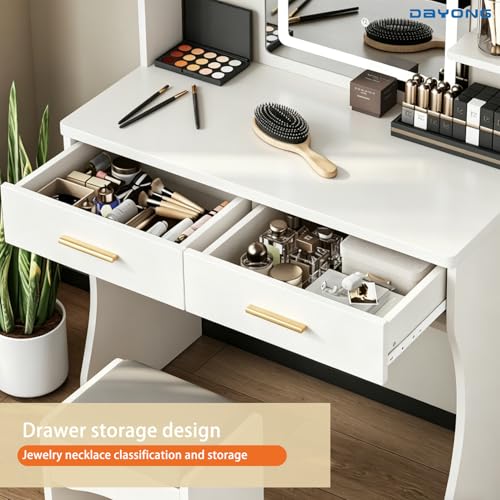 DAYONG Makeup Vanity Desk with LED 3-Colour Mirror, Vanity Dressing Table with 2 Drawers and Open Shelves, Vanity Table Set with Cushioned Stool for Bedroom, 80x140cm (White)