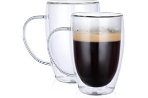 ALXBSONE Double Walled Glass 2 Pack 16oz Coffee Mugs with Handle, Perfect for Espresso Latte Milk and Other Hot Cold Beverage